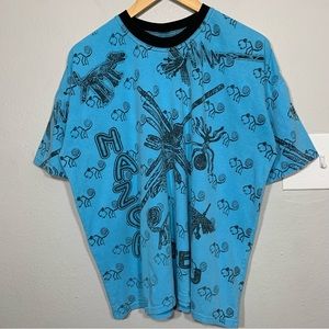 Vintage Nazca‎ Peru Geoglyphs Ancient Tribal Art Blue AOP Tee XL
